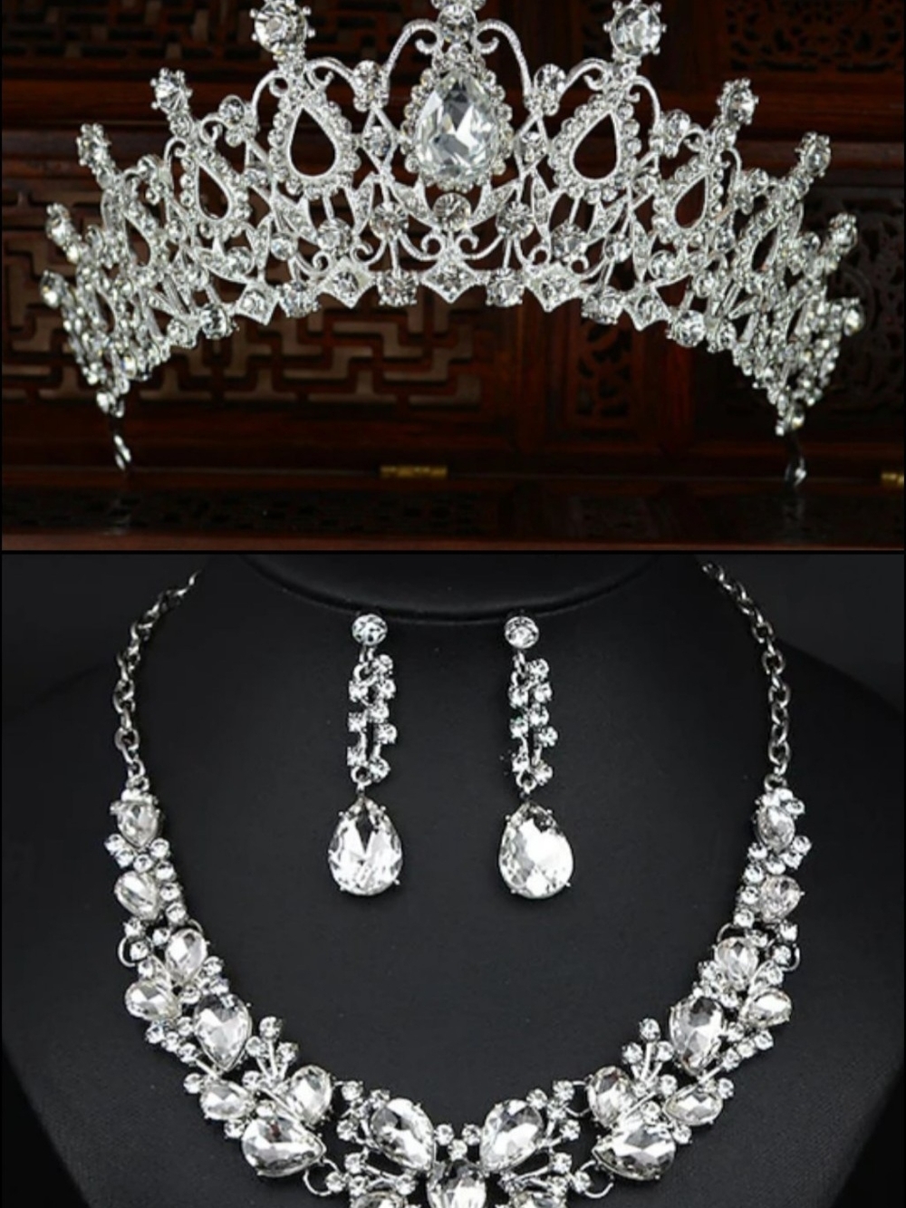 Elegant Silver Crystal Tiara and Necklace Set - Silver
